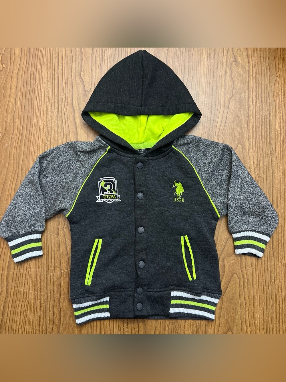 U.S. Polo Assn. Boys 3T Black Neon Hoodie Snap Button Varsity Jacket USPA